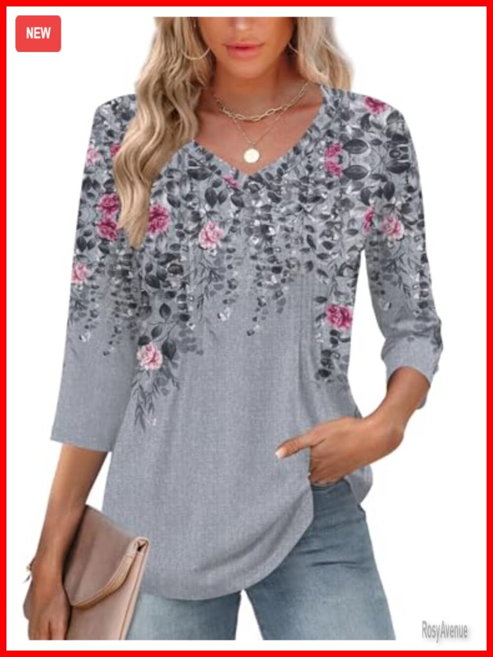 Womens 3/4 Sleeve Pleated V-Neck Blouse Loose Fit Work Top